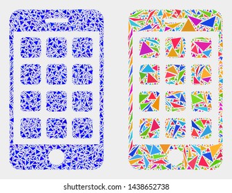 Mobile phone collage icon of triangle elements which have different sizes and shapes and colors. Geometric abstract vector design concept of mobile phone.