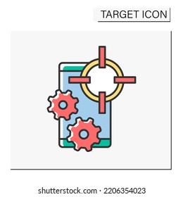 Mobile phone color icon. Setting up a mobile phone. Goals achieved. Direct hit into bull eye. Target concept. Isolated vector illustration