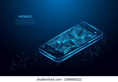 Mobile phone. Communication app smartphone concept. Abstract Low-poly wireframe vector technology isometric illustration.  Device screen.  Polygonal wireframe silhouette. Mesh art.