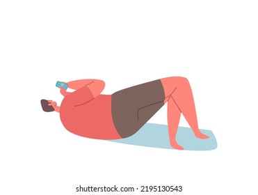 Mobile Phone Communication Concept. Male Character Lying with Cellphone in Hands rear View Isolated on White Background. Man with Gadget Chatting Online in Internet. Cartoon People Vector Illustration
