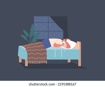 Mobile Phone Communication Concept. Male Character with Cellphone in Hands Lying in Bed. Man with Gadget Addiction, Insomnia, Chatting or Dating Online in Internet. Cartoon People Vector Illustration