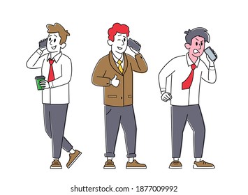 Mobile Phone Communication. Office Workers or Business Men Characters Speaking by Smartphones, Wink Eye, Yell and Showing Thumb Up Isolated on White Background. Linear People Vector Illustration