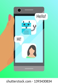 Mobile phone communication poster vector illustration. Chatting with robot banner. Hand of woman holding gadget. Automatic answer. Intelligent virtual personal assistant.