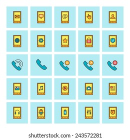 Mobile phone and communications. Vector icon set in flat design style. For web site design and mobile apps.
