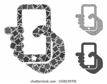Mobile phone composition of unequal pieces in various sizes and color tinges, based on mobile phone icon. Vector uneven pieces are organized into collage.