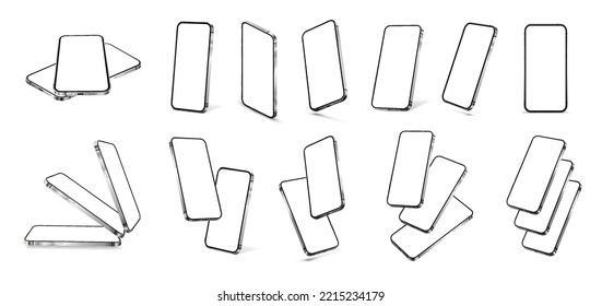 Mobile Phone compositions. 3D realistic smartphone with blank screen from different angles and in different positions. A large number of 3D smartphones. Realistic mock-ups gadgets. Vector isolated set