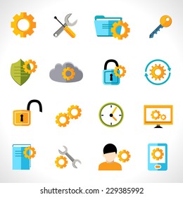 Mobile phone computer account settings flat icons set isolated vector illustration