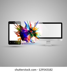Mobile phone and computer communicating on abstract background