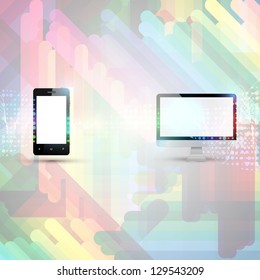 Mobile phone and computer communicating on abstract background