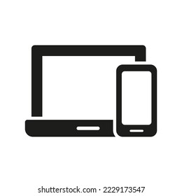 Mobile Phone and Computer Glyph Symbol. Smartphone and Laptop Silhouette Icon. Smart Devises Pictogram. Electronic Digital Technology, Cellphone, PC Display. Isolated Vector Illustration.