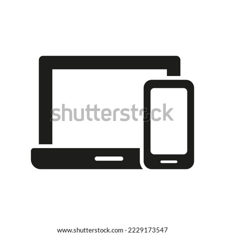 Mobile Phone and Computer Glyph Symbol. Smartphone and Laptop Silhouette Icon. Smart Devises Pictogram. Electronic Digital Technology, Cellphone, PC Display. Isolated Vector Illustration.