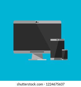 mobile phone and computer icon, technology icons. social icons, vector on blue background