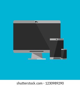 mobile phone and computer icon, technology icons. social icons, vector on blue background