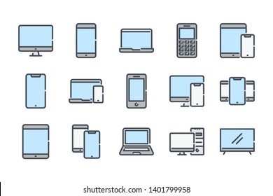 Mobile Phone and Computer related color line icon set. Electronic Devices and Gadgets outline vector icons.