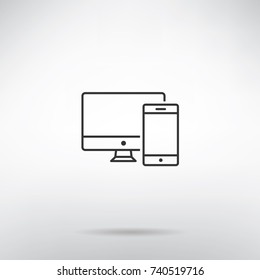 Mobile phone and computer thin line vector icon - cross platform concept 