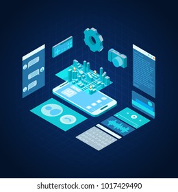 Mobile Phone Concept 3d Isometric View Smartphone Technology Design Software Communication and Interface Screen Device. Vector illustration