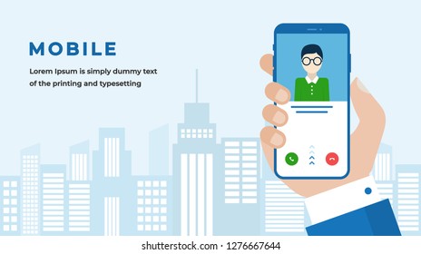 Mobile Phone Concept with Businessman Hand Holding a Smartphone with Incoming Call on City Building Skyline Background. Suitable for Web banner, Infographics, Hero images. Flat Vector illustration 