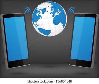 Mobile Phone Connect with World Map Globe for Business, Technology and Communication Concept. Vector Illustration EPS 10.