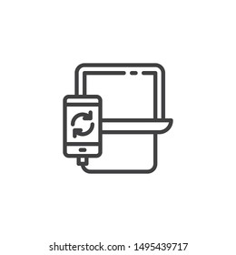 Mobile phone connected to laptop line icon. linear style sign for mobile concept and web design. Smartphone synchronized with computer outline vector icon. Symbol, logo illustration. Vector graphics