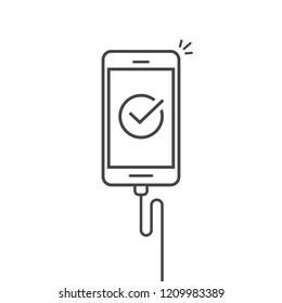 Ilustración vectorial del cargador de cable conectado a teléfonos móviles, smartphone de diseño de línea con marca de verificación o marca con conexión de cable correcta, concepto de actualización hecho, aceptar icono completo