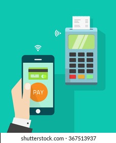 Teléfono móvil conectado a terminal POS inalámbrico, punto de venta móvil NFC, concepto de tecnología de comunicación de pagos, teléfono de mano del cajero aislado en el diseño de ilustración verde plana vectorial
