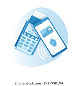 Mobile phone contactless payment on terminal on white