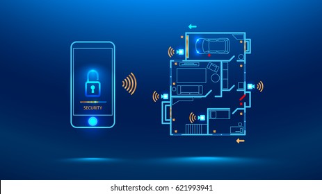 Mobile Phone Controls Smart Home In The Distance Through App On Your Smart Phone. Shows Protection Level Of The House. Cyber Security Future. Vector Illustration 