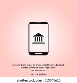 Mobile phone with courthouse sign icon, vector illustration.