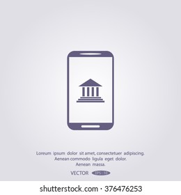 Mobile phone with courthouse sign icon, vector illustration.