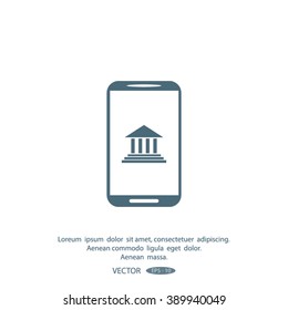 Mobile phone with courthouse sign icon, vector illustration.