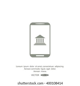 Mobile phone with courthouse sign icon, vector illustration.