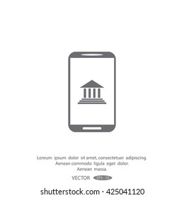 Mobile phone with courthouse sign icon, vector illustration.