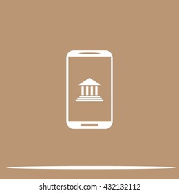 Mobile phone with courthouse sign icon, vector illustration.
