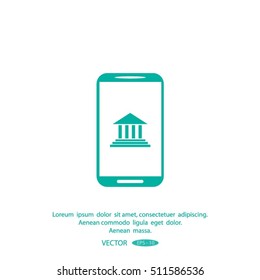 Mobile phone with courthouse sign icon, vector illustration.