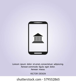 Mobile phone with courthouse sign icon, vector illustration.