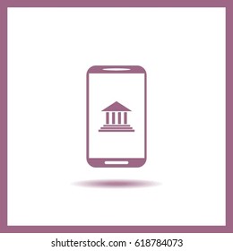 Mobile phone with courthouse sign icon, vector illustration.