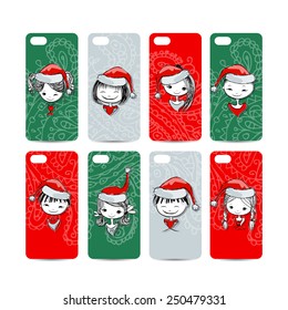 Mobile phone cover back. Santa girls for your design. Vector illustration