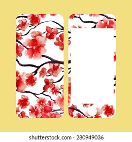 Mobile phone cover back and screen, Japanese cherry blossom or sakura tree pattern. Watercolor paint.