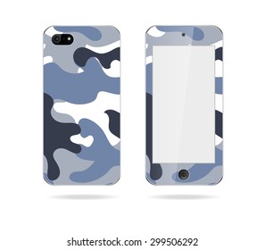 Mobile phone cover back and screen. Vector decorative blue and grey camouflage background on phone. Example of design cover.