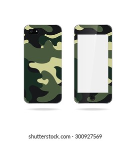 Mobile phone cover back and screen. Vector decorative green camouflage background on phone. Example of design cover.