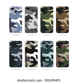 Mobile phone cover back and screen. Vector decorative blue and grey camouflage background on phone. Example of design cover.