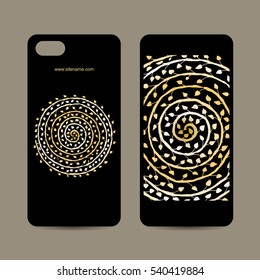 Mobile phone cover design, golden mandala. Vector illustration