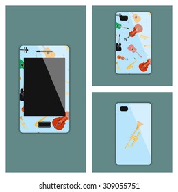 Mobile phone cover with musical instruments, vector illustration