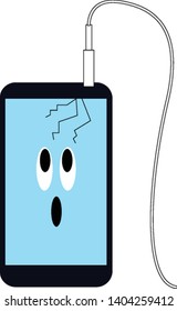 A mobile phone with a crack on the upper right side of it's screen, vector, color drawing or illustration. 