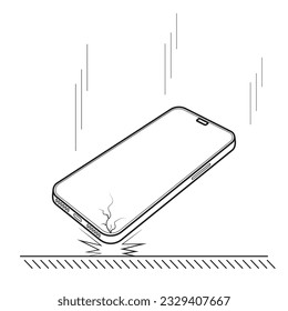 Prueba de bloqueo de Smartphone y prueba de entrega. smartphones. Caer el smartphone desde una altura. El gadget cayó en el suelo. Examen del teléfono para detectar daños.Ilustración vectorial. Trazo editable.