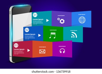 Mobile phone with creative folded paper modern template design, With cloud of colorful application icons Vector illustration