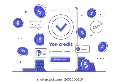 Mobile phone with credit approval on screen, surrounded by coins, on a white background, conveying online finance. Modern line art style vector illustration