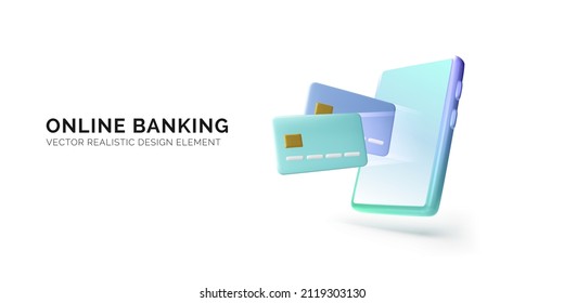 Mobile phone with credit card in cartoon realistic style. Design element for banner and poster. Vector illustration