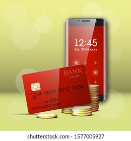 Mobile phone, Credit card, gold coins banner. Smartphone online banking. Mobile finans. Plastic card. Cellular Debit card chip. Electronic money funds transfer. Economical tariff cellphone operator