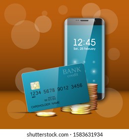 Mobile phone, Credit card, gold coins banner. Smartphone online banking. Mobile finans. Plastic card. Cellular Debit card chip. Electronic money funds transfer. Economical tariff cellphone operator